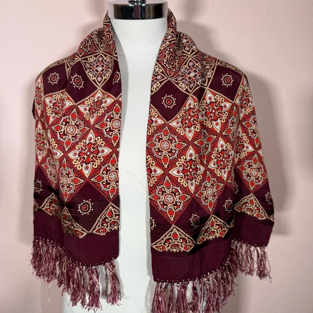 Vintage 1970’s Burgundy art deco Geometric Patterned Fringed Cravat Scarf